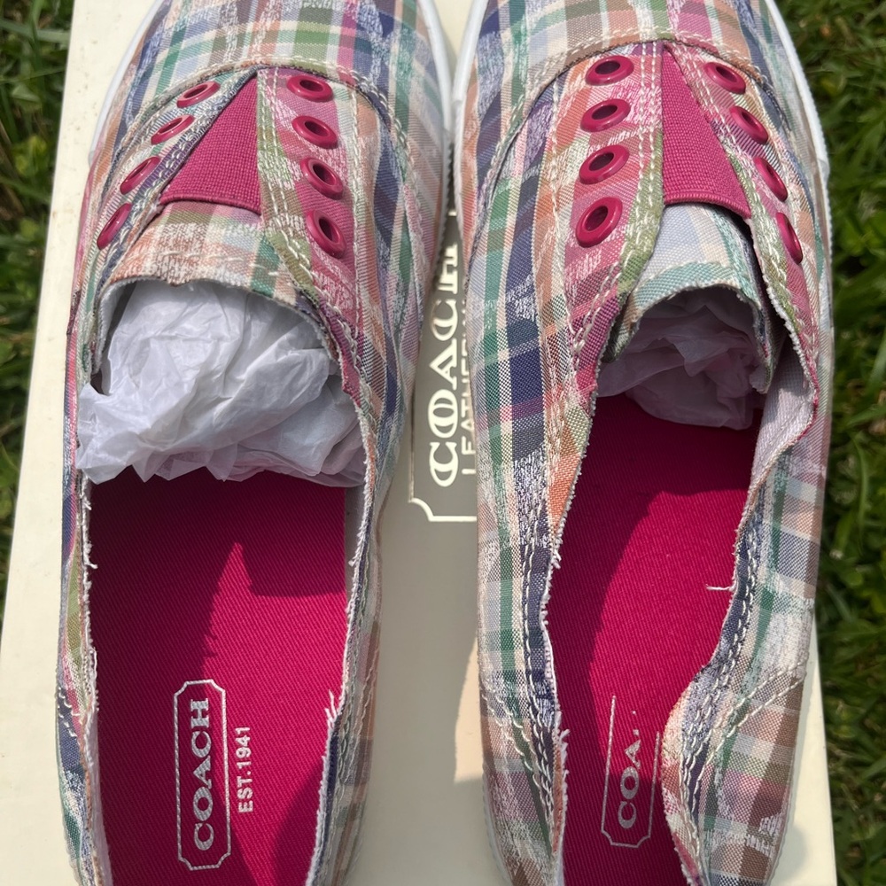 Coach Pink and Green Slip-On Sneakers with Elastic Panels - Picture 2 of 6